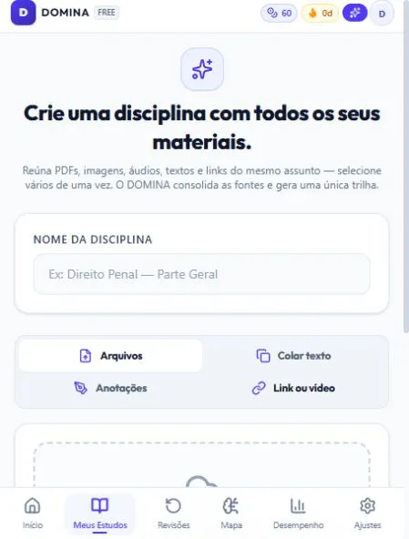 Tela do DOMINA para enviar PDF, áudio, imagem, texto ou link e criar uma trilha de estudo