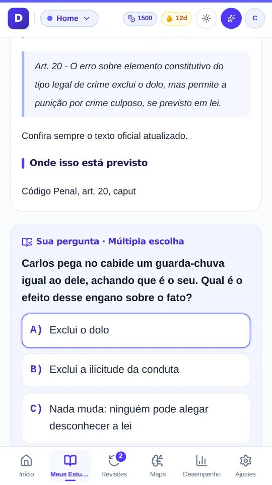Exercício de múltipla escolha ao fim de uma ideia da aula no DOMINA