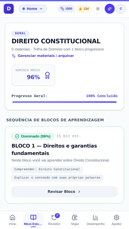 Trilha de estudo do DOMINA com blocos dominados e próximos blocos